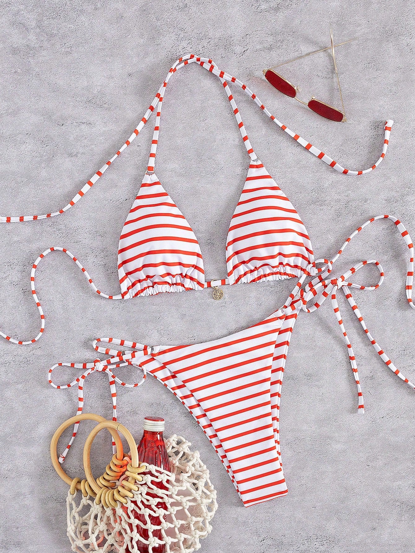 New Striped Triangle Bikini Set With Metal Pendant Decor, Spaghetti Strap Backless Party Beach Swimwear For - image 9