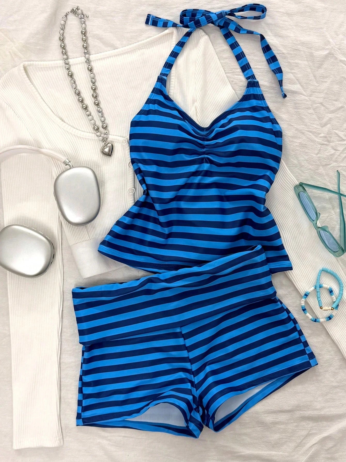 Women's Two-Piece Swimwear, Elegant Sexy Striped Print Short Swim Top