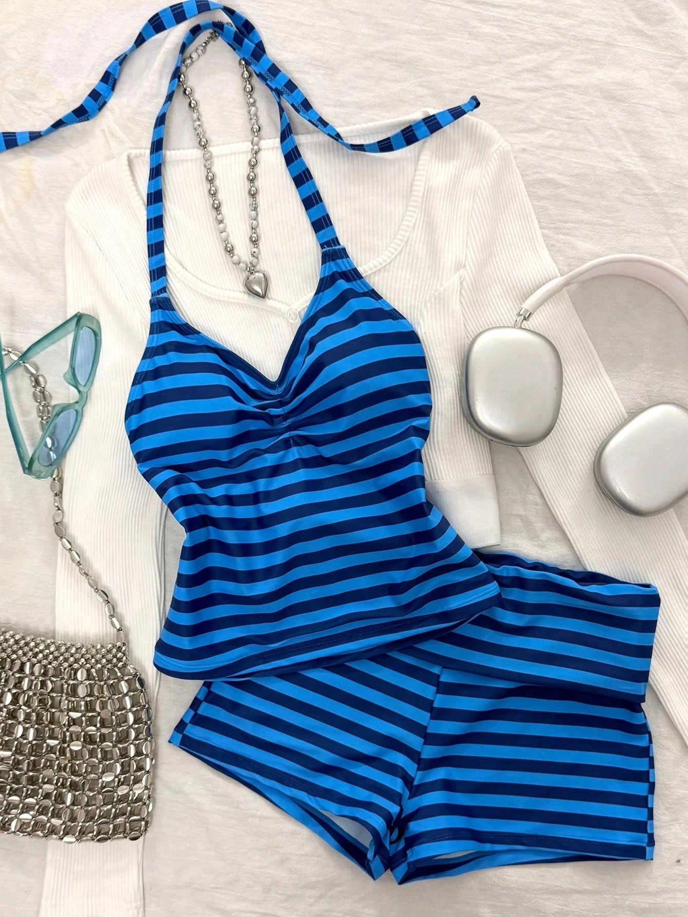 Women's Two-Piece Swimwear, Elegant Sexy Striped Print Short Swim Top