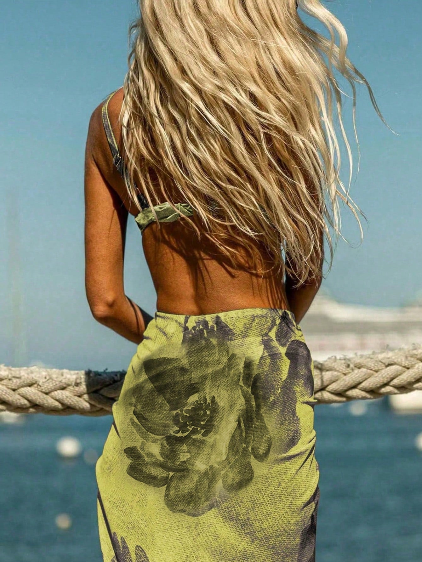 3pcs Women's Floral Bikini Set With Ombre Floral Print Mesh Maxi Skirt. The Tie-