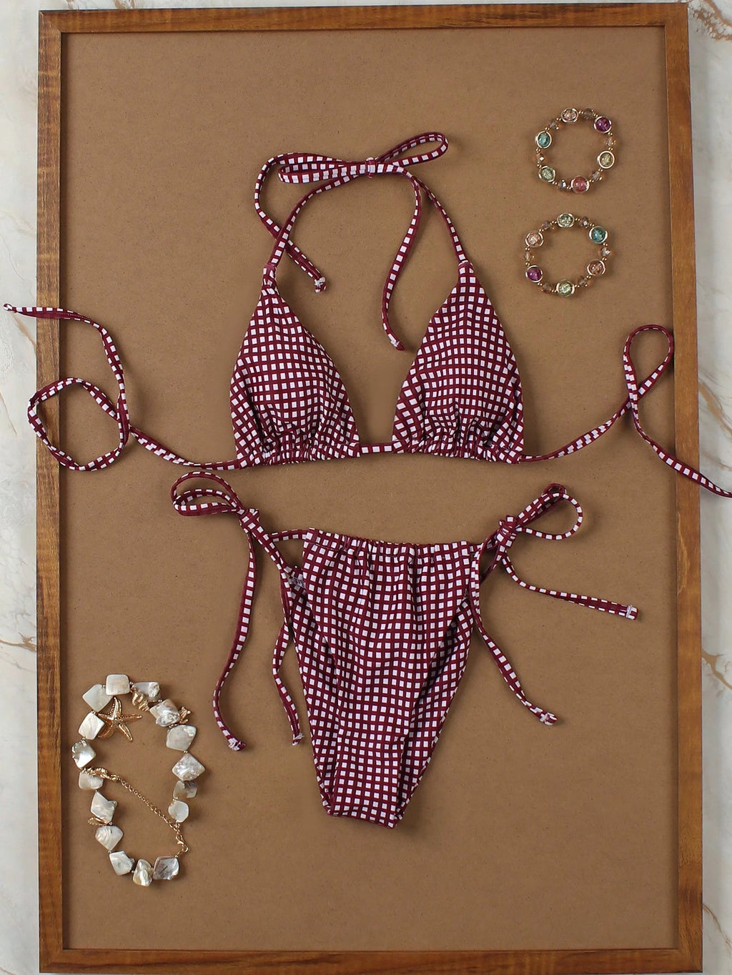 Deep Red & White Plaid Spaghetti Strap Tie Bikini Set, Sweet & Sexy