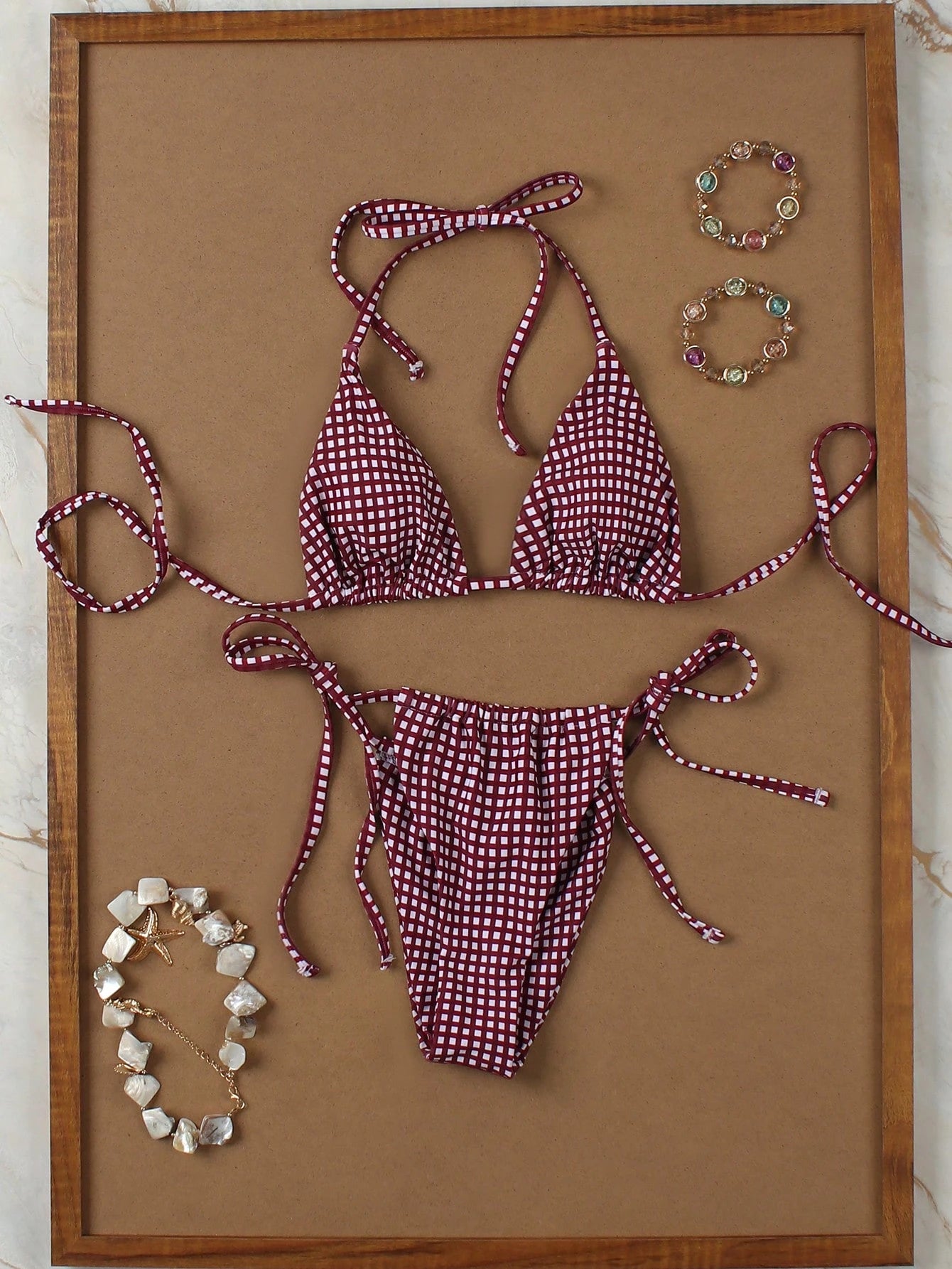 Deep Red & White Plaid Spaghetti Strap Tie Bikini Set, Sweet & Sexy