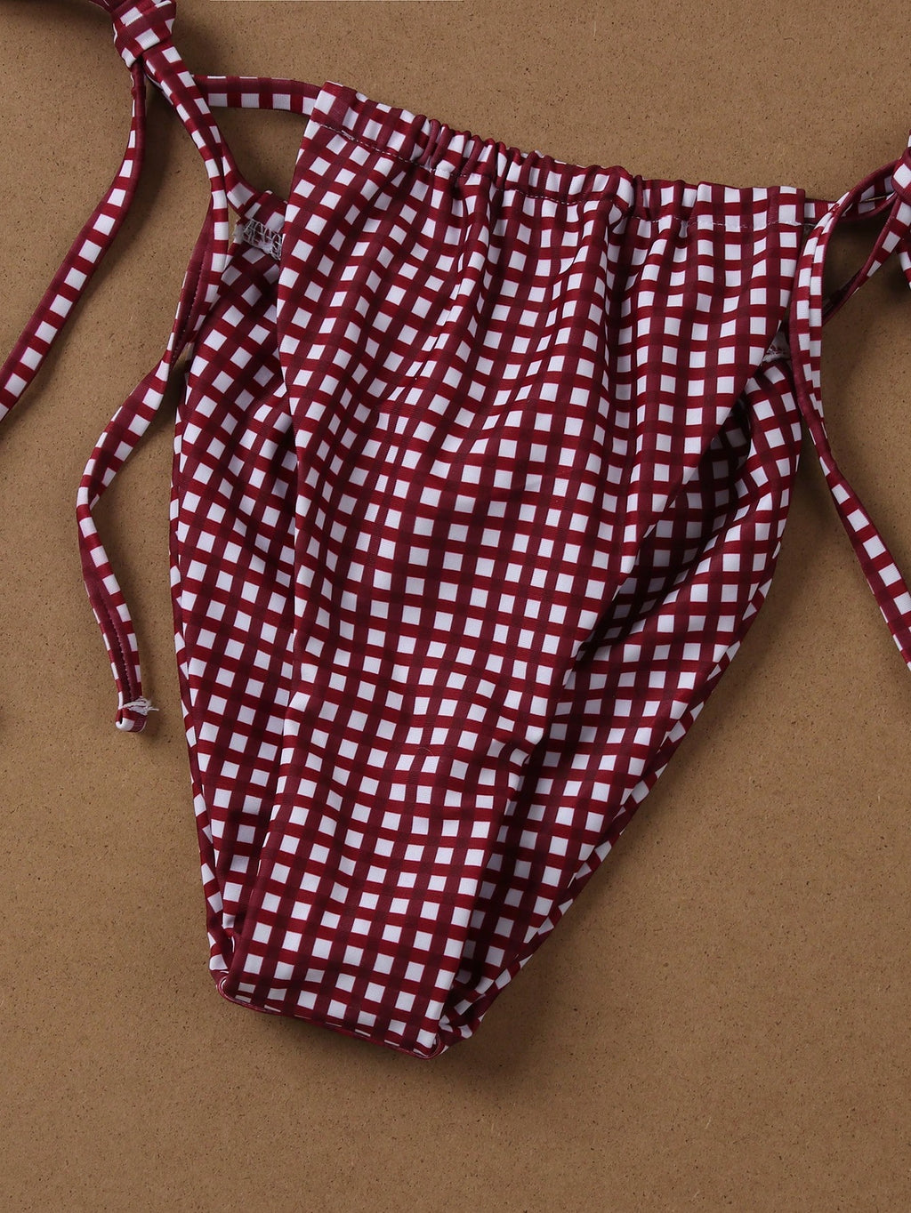 Deep Red & White Plaid Spaghetti Strap Tie Bikini Set, Sweet & Sexy