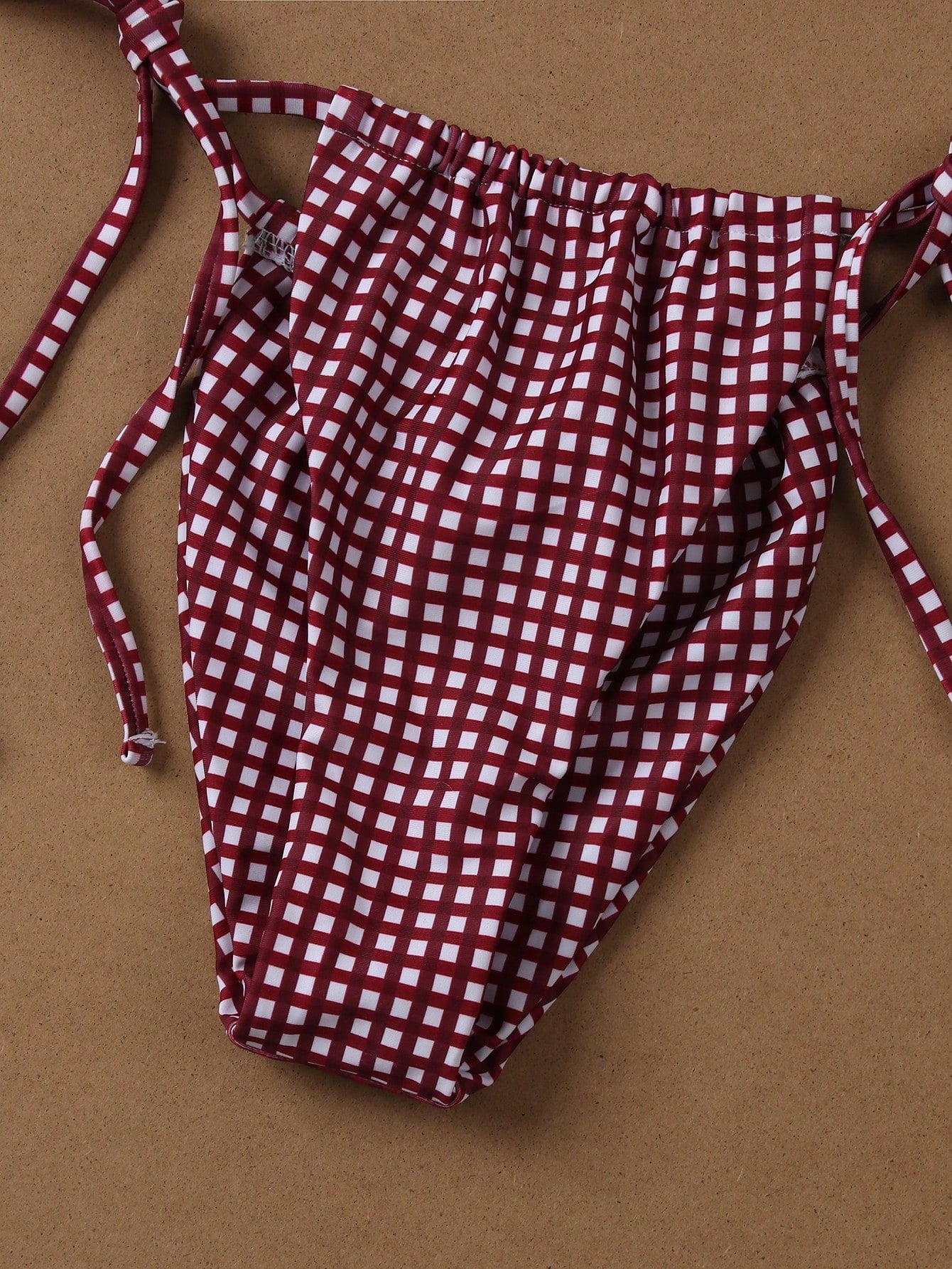 Deep Red & White Plaid Spaghetti Strap Tie Bikini Set, Sweet & Sexy