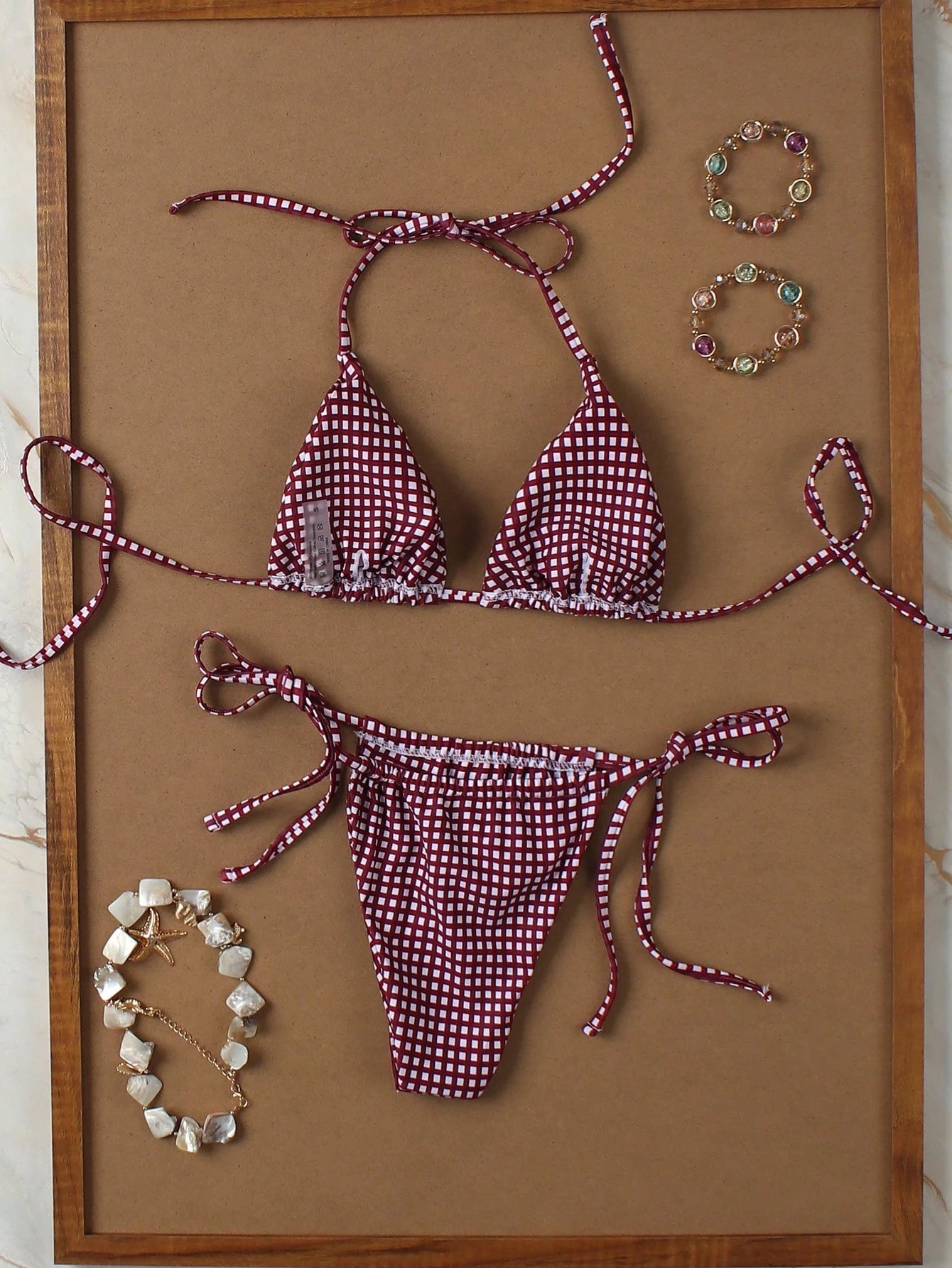Deep Red & White Plaid Spaghetti Strap Tie Bikini Set, Sweet & Sexy