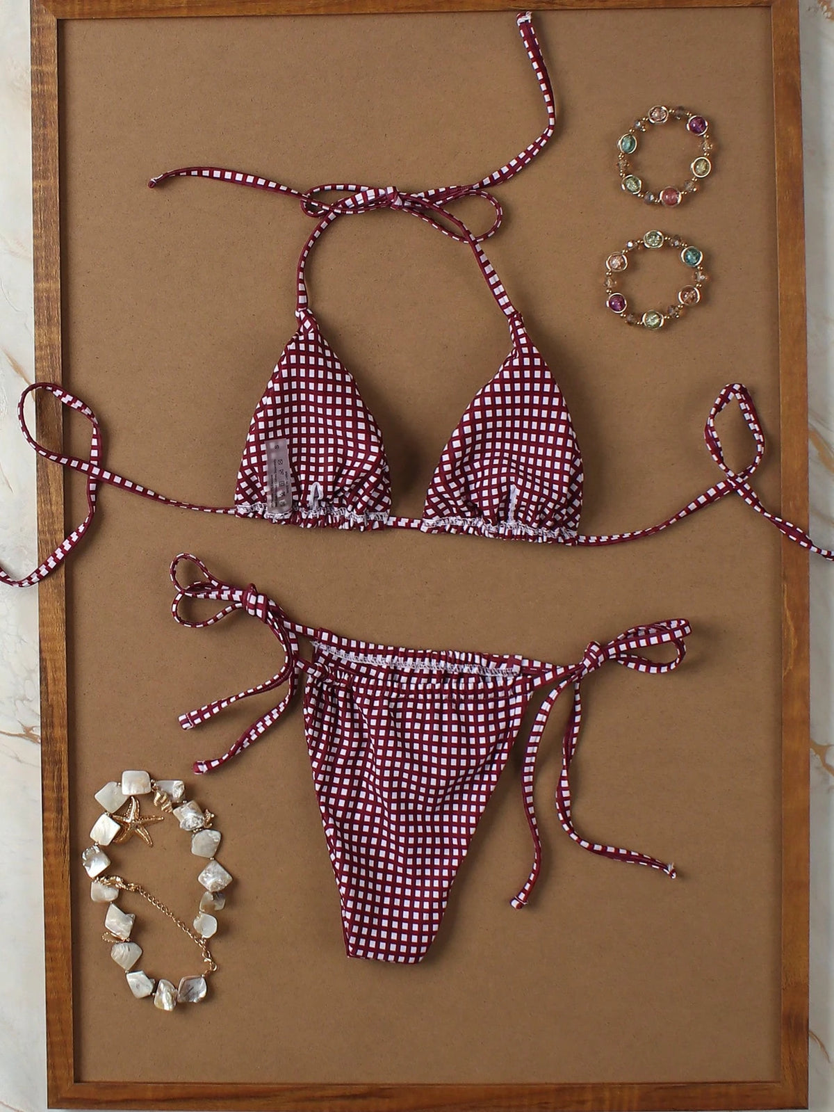 Deep Red & White Plaid Spaghetti Strap Tie Bikini Set, Sweet & Sexy 2-Piece Suit Suitable For Romantic - image 3