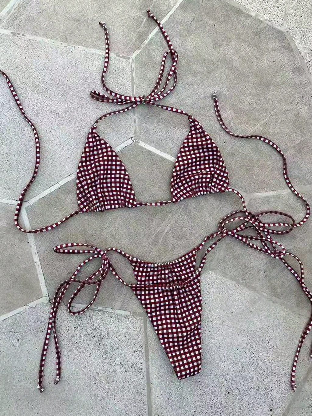 Deep Red & White Plaid Spaghetti Strap Tie Bikini Set, Sweet & Sexy
