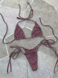Deep Red & White Plaid Spaghetti Strap Tie Bikini Set, Sweet & Sexy
