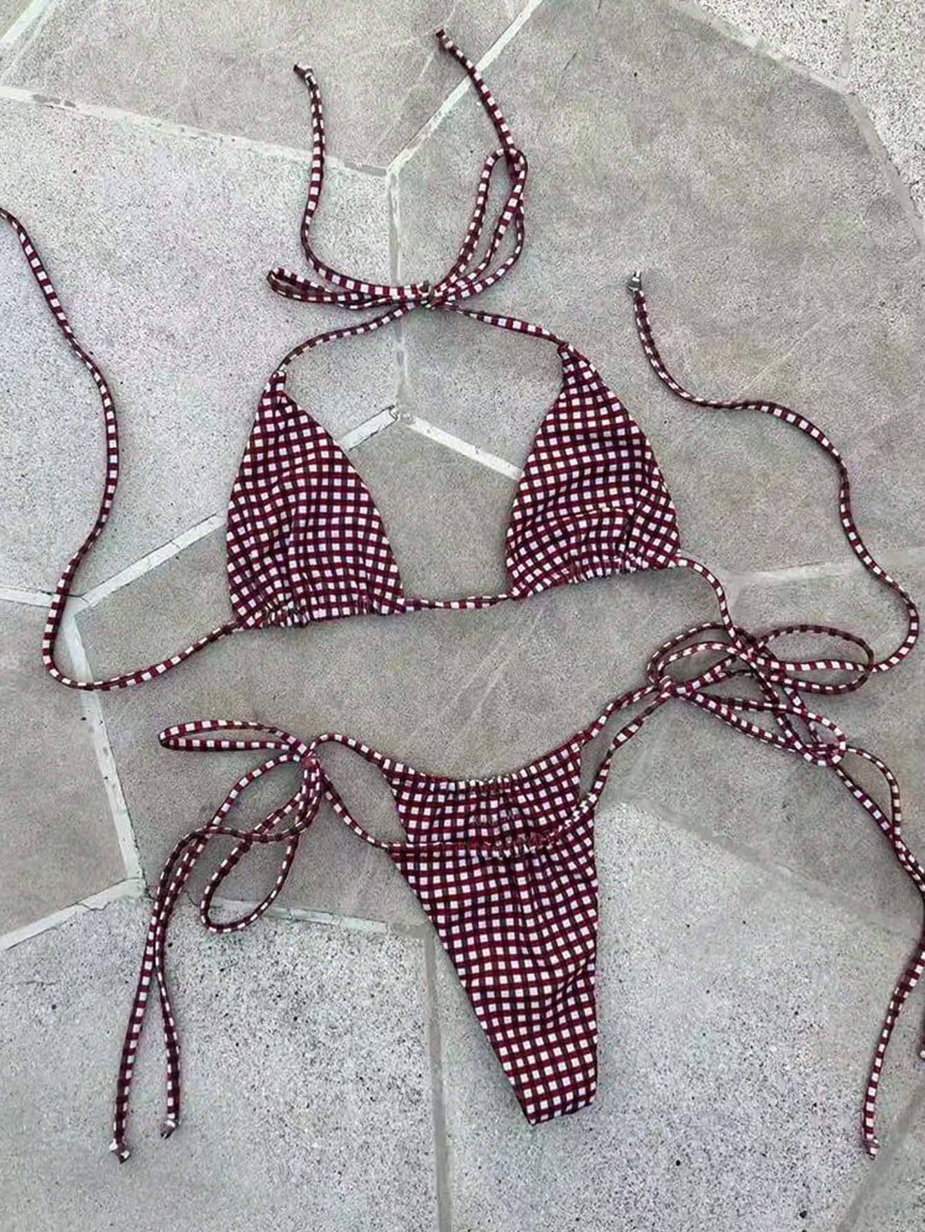 Deep Red & White Plaid Spaghetti Strap Tie Bikini Set, Sweet & Sexy