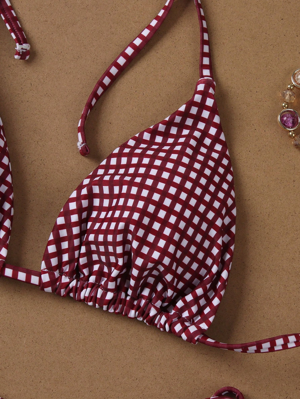 Deep Red & White Plaid Spaghetti Strap Tie Bikini Set, Sweet & Sexy