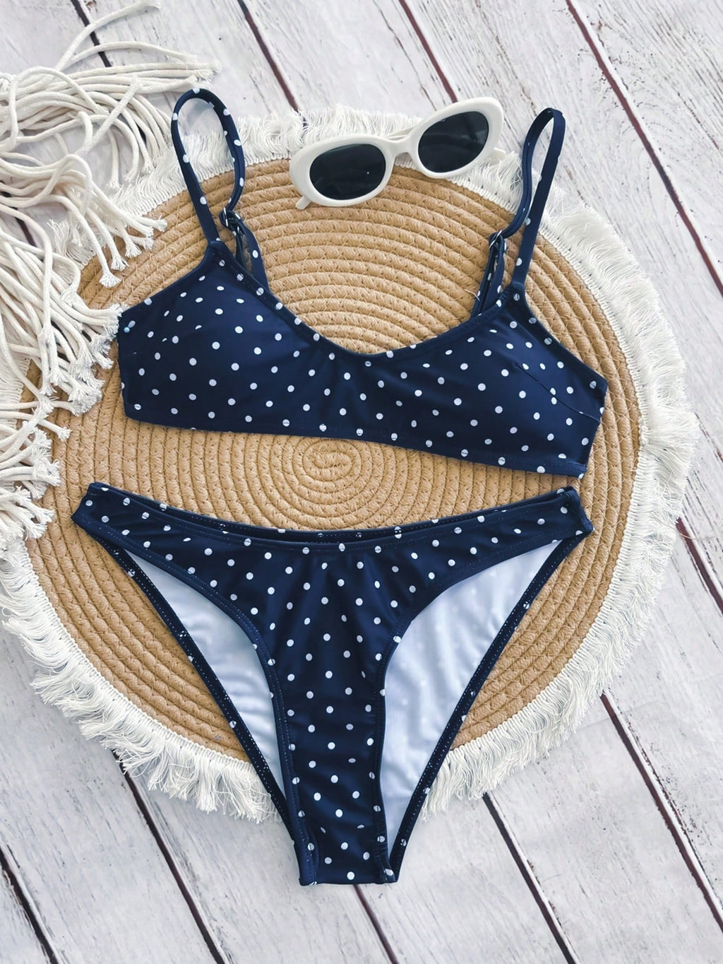 Swim Mod Elegant Vacation Bohemian Navy Blue & White Polka Dot Adjustable Strap V-Neck Sexy Bikini Set - image 8