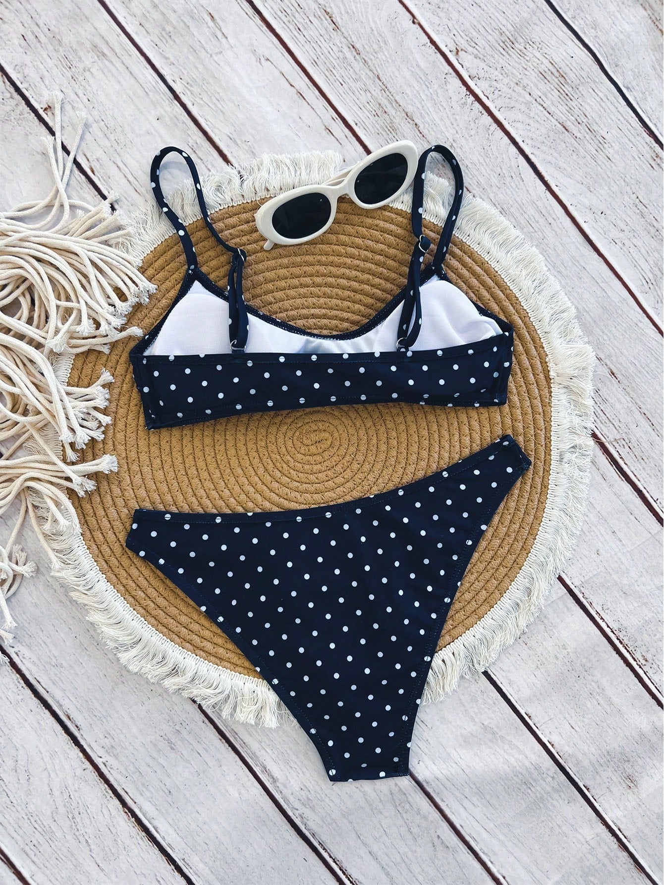 Swim Mod Elegant Vacation Bohemian Navy Blue & White Polka Dot Adjustable Strap V-Neck Sexy Bikini Set - image 7