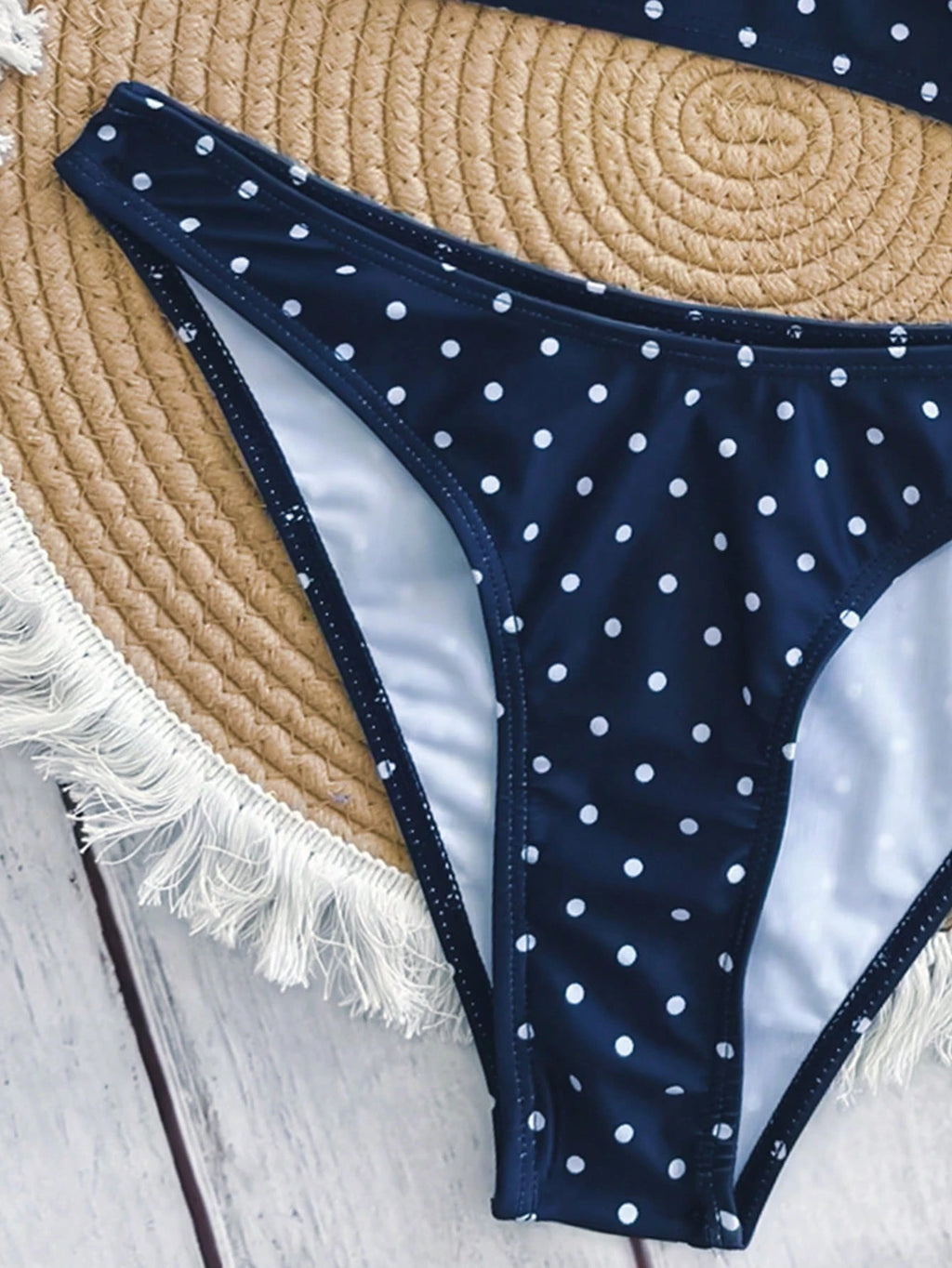Swim Mod Elegant Vacation Bohemian Navy Blue & White Polka Dot Adjustable Strap V-Neck Sexy Bikini Set - image 9