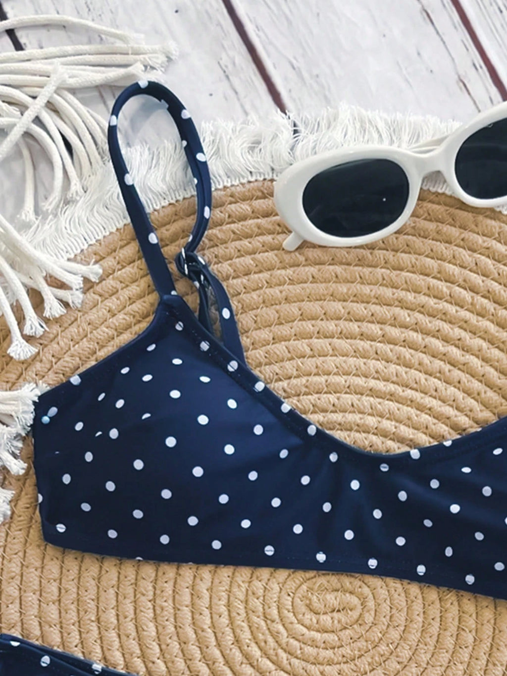 Swim Mod Elegant Vacation Bohemian Navy Blue & White Polka Dot Adjustable Strap V-Neck Sexy Bikini Set - image 10