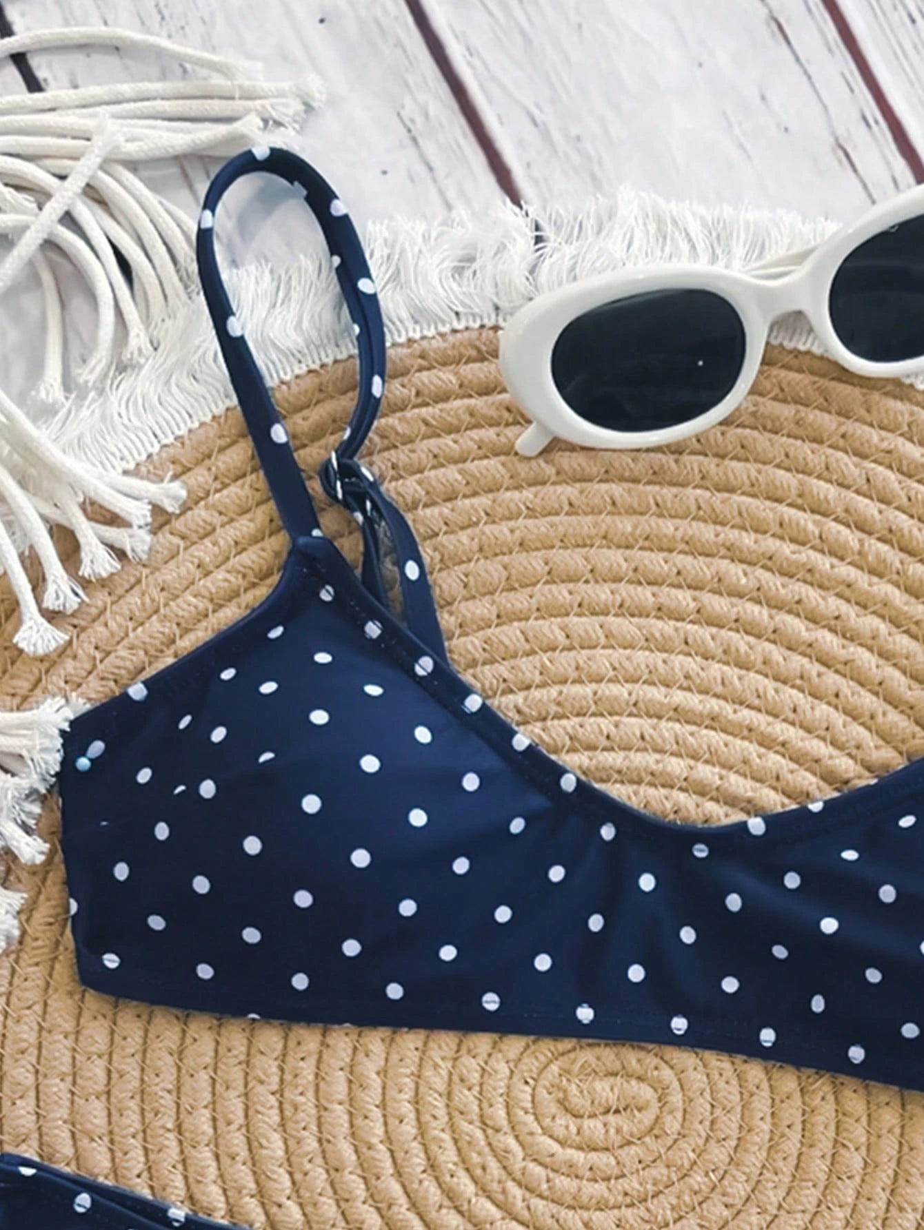 Swim Mod Elegant Vacation Bohemian Navy Blue & White Polka Dot Adjustable Strap V-Neck Sexy Bikini Set - image 10