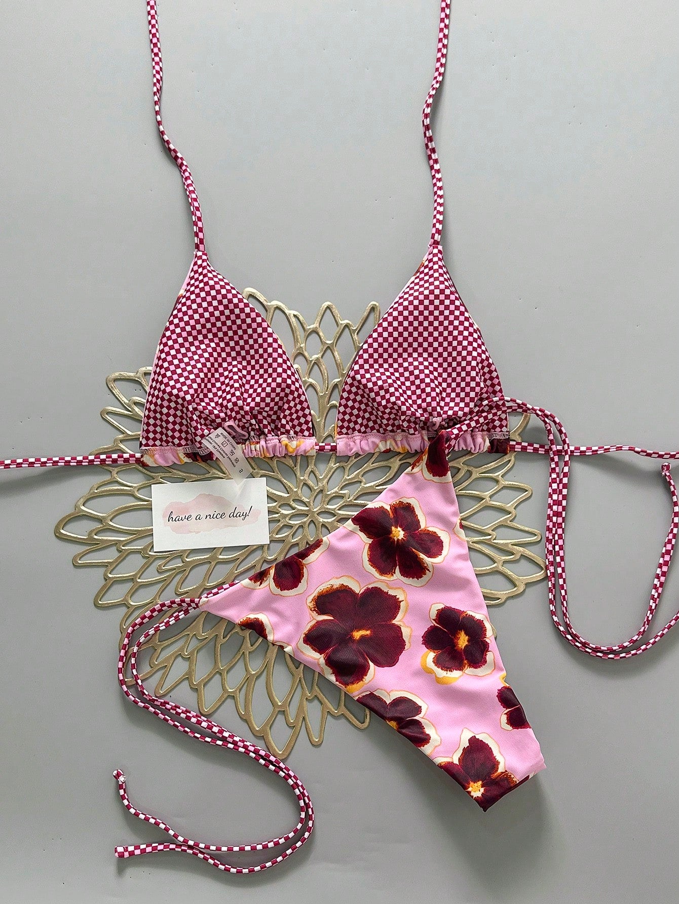 2pcs Retro Floral Colorblock Plaid Print Bikini Swimwear, Suitable
