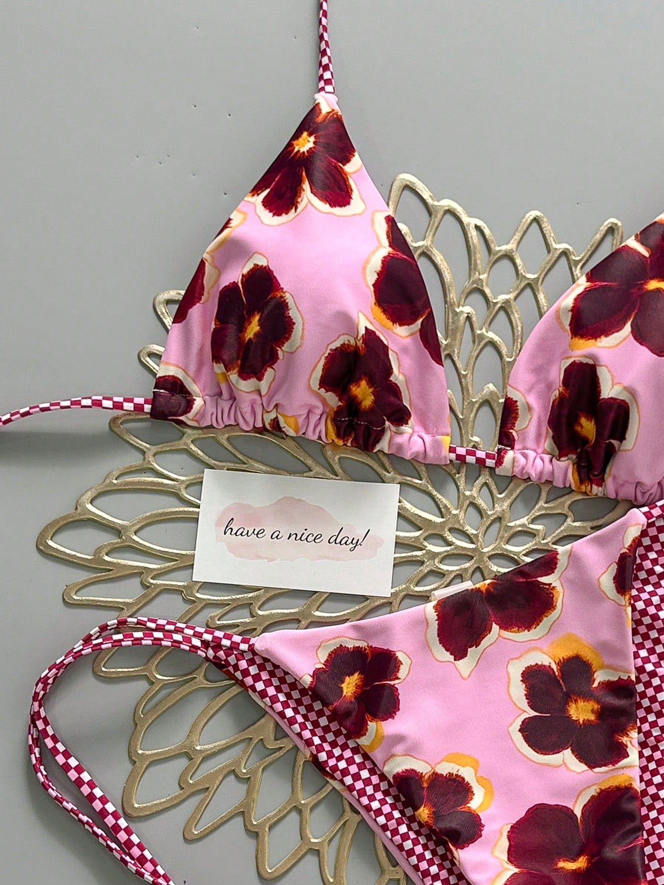 2pcs Retro Floral Colorblock Plaid Print Bikini Swimwear, Suitable