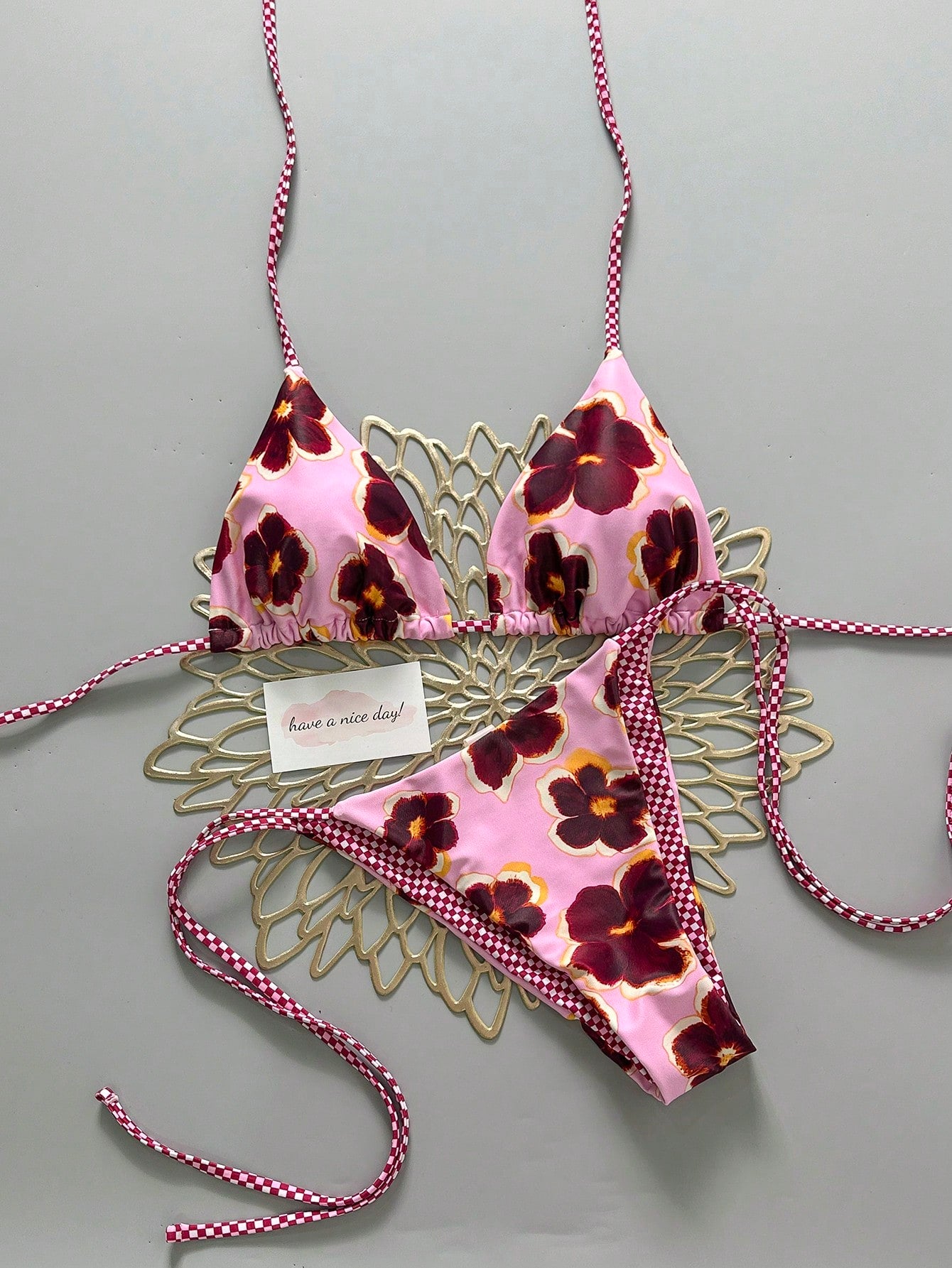 2pcs Retro Floral Colorblock Plaid Print Bikini Swimwear, Suitable