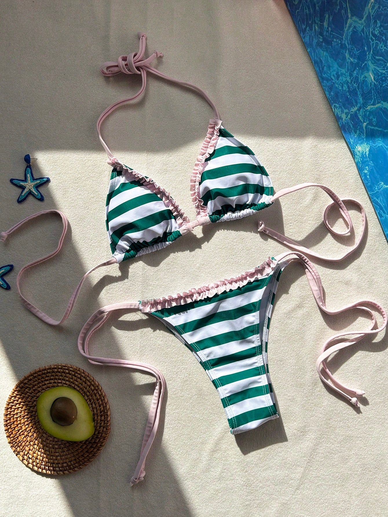 Women's Two Pieces Striped Bikini Bathing Suit With Halter Neck,