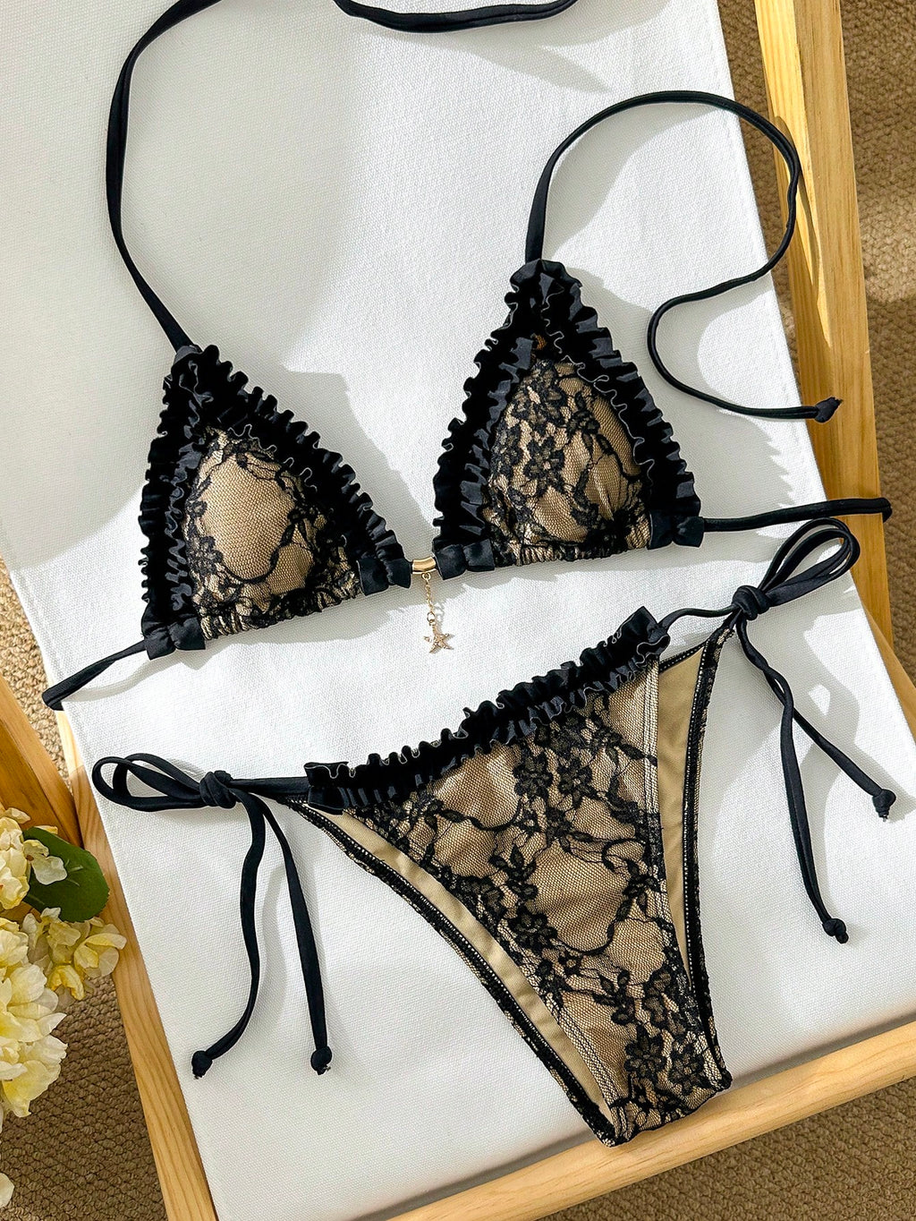 Swim Mod Chic Pink Halter Bikini For Women Graphic Lace Ruffle