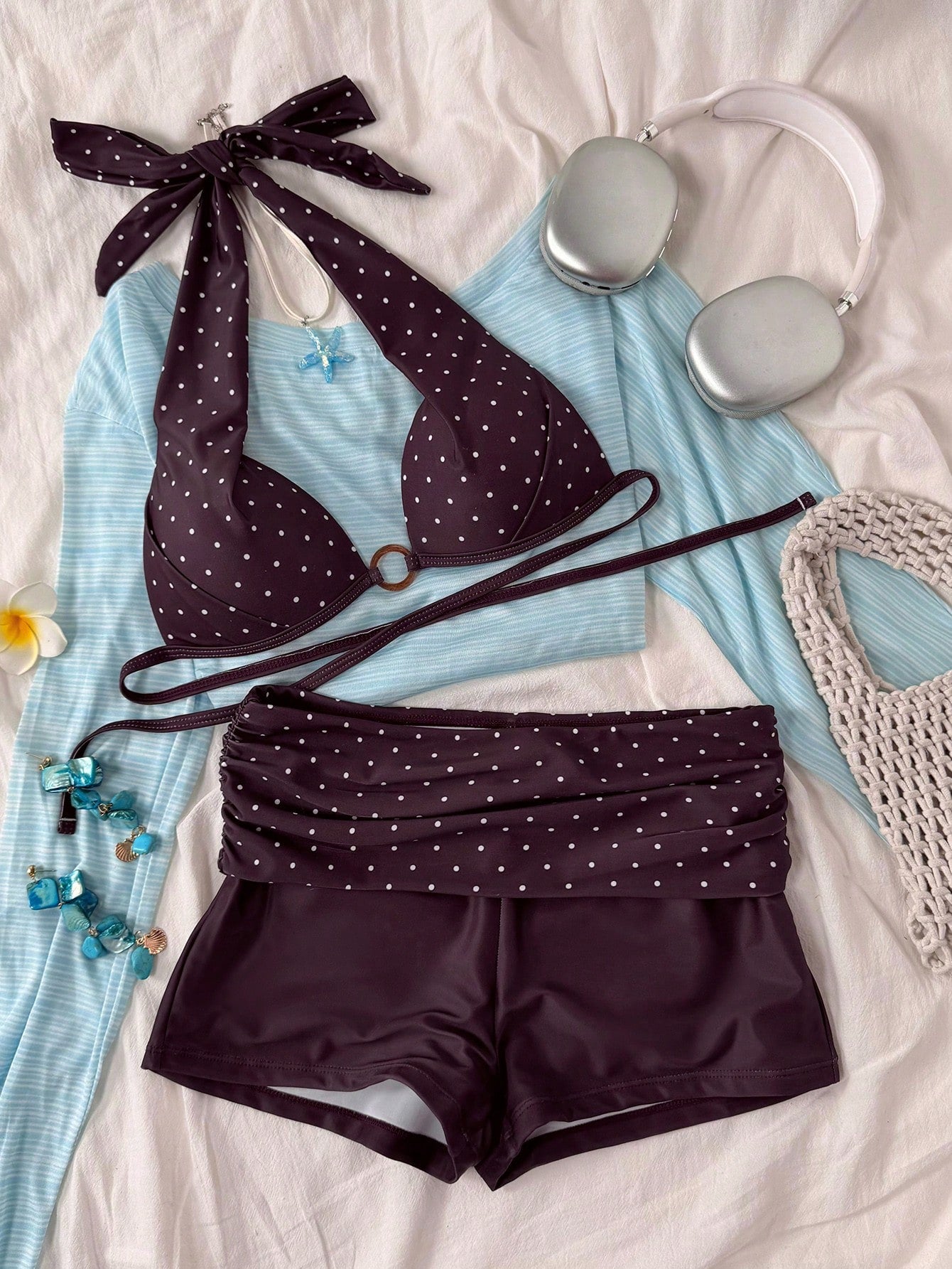 Women's Bikini Swimsuit, Elegant Polka Dot Print Push-Up Tank Top