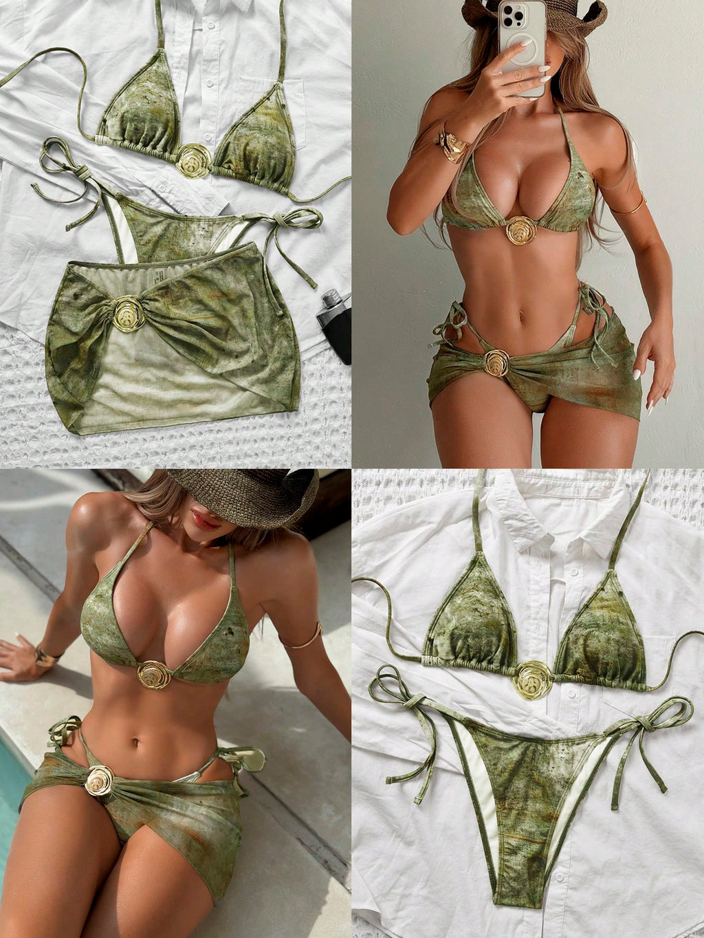 Swim SXY 3pcs Retro Printed Halter Bikini Set, Including Bandage Pants, Mesh Min