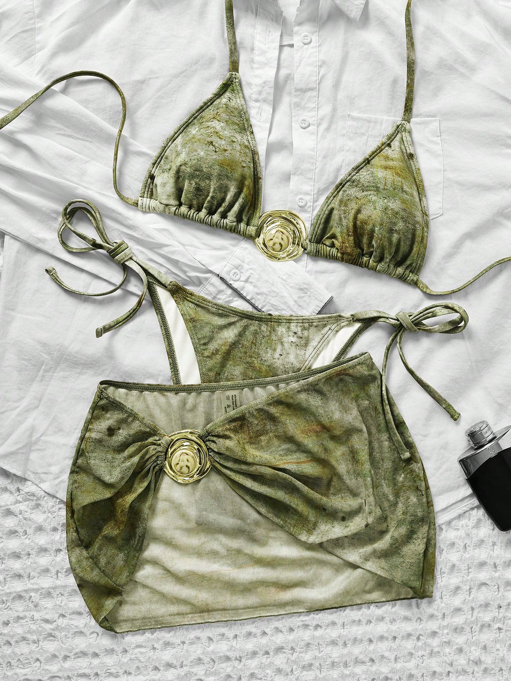 Swim SXY 3pcs Retro Printed Halter Bikini Set, Including Bandage Pants, Mesh Min