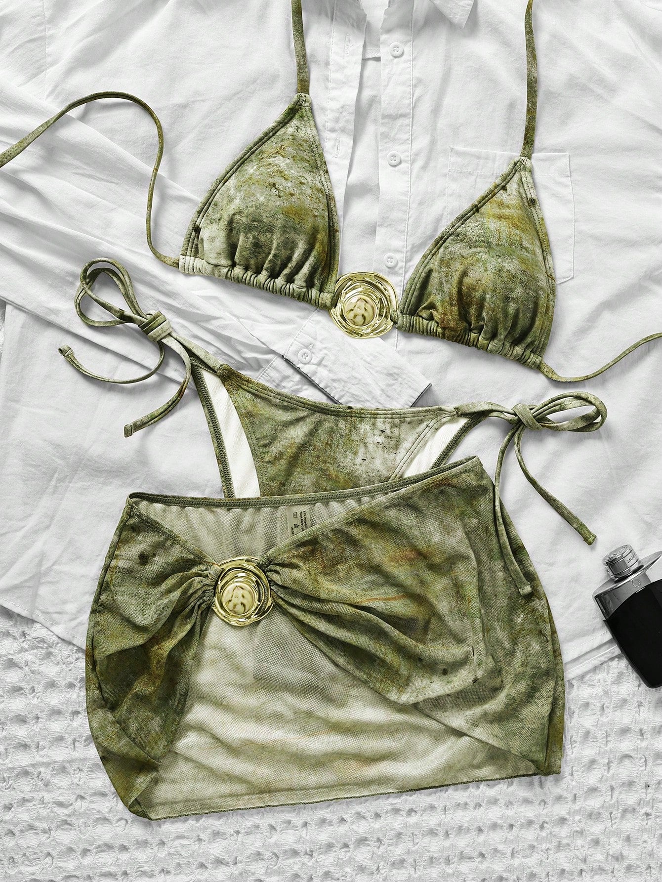 Swim SXY 3pcs Retro Printed Halter Bikini Set, Including Bandage Pants, Mesh Min