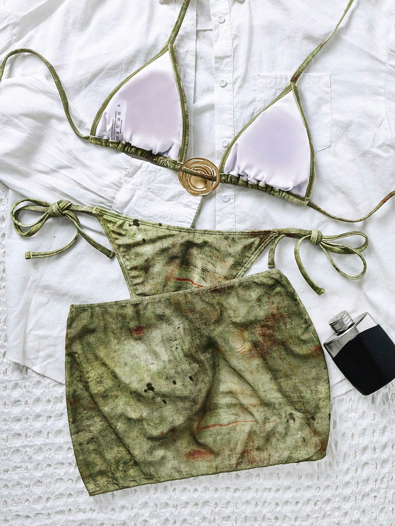Swim SXY 3pcs Retro Printed Halter Bikini Set, Including Bandage Pants, Mesh Min