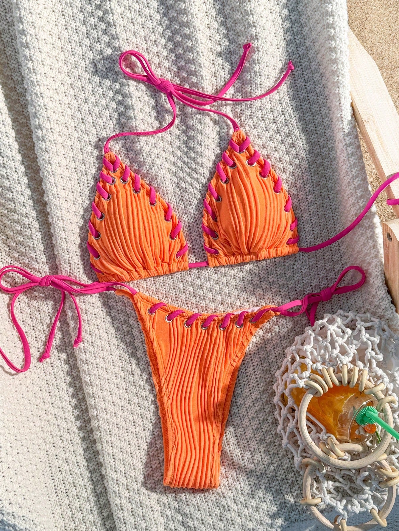 Swim Mod Women's Sexy Beach Vacation Grommet Lace Up Textured Knit Bikini Set