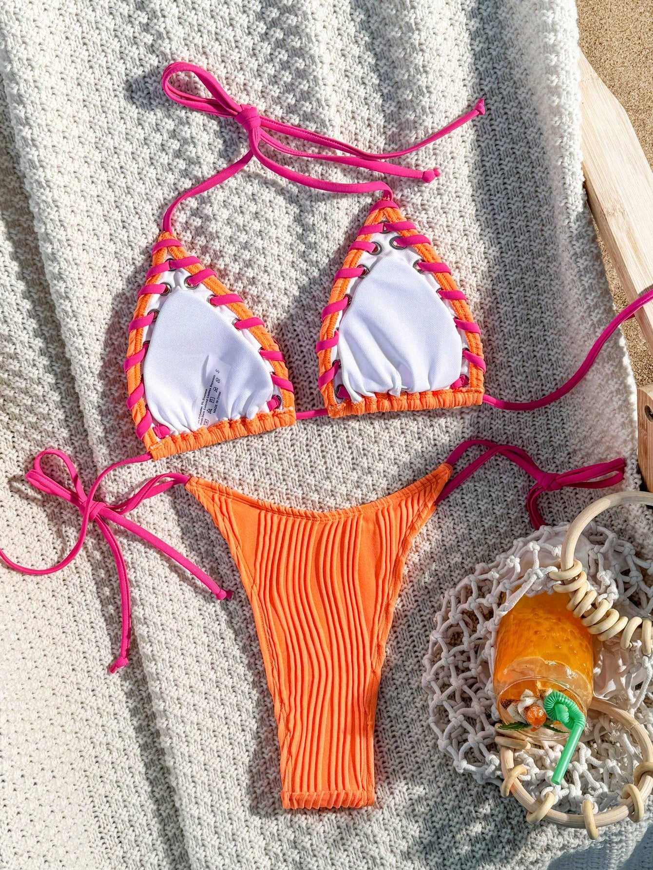 Swim Mod Women's Sexy Beach Vacation Grommet Lace Up Textured Knit Bikini Set