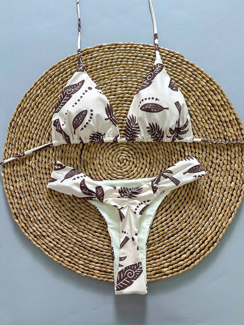 2pcs Casual Cute Elegant Sexy Bohemian Floral Tie-Up Braided Bikini Swimwear, Beach Vacation, Spring/Summer - image 2