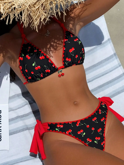 1 Set Women's Bikini Two Pieces Swimwear, Color Block Floral Trim Cherry Print Halter Tie Fashionable Beach