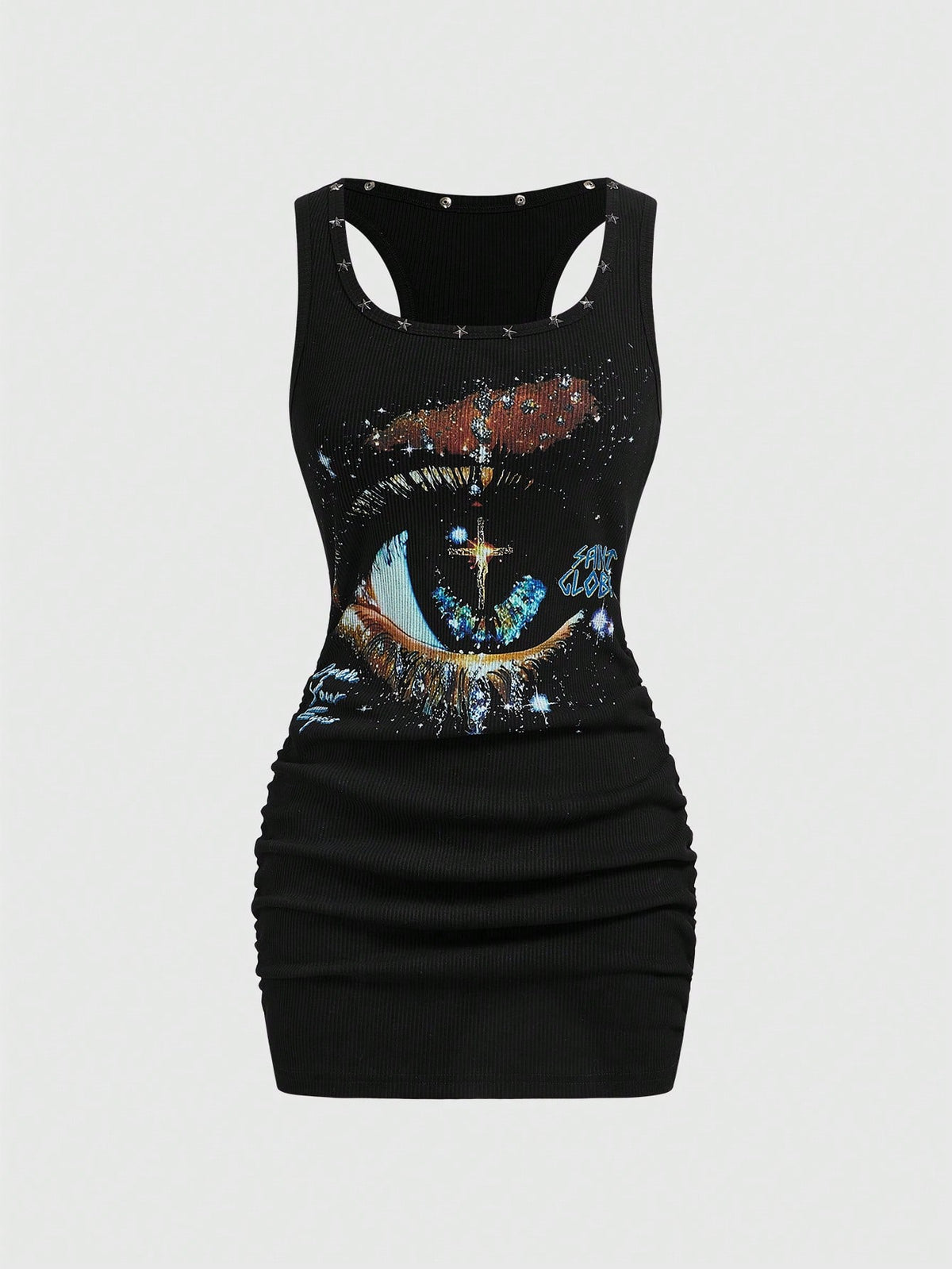 Grunge Punk Women's Retro Baddie Unisex Streetwear Casual Galaxy Star Rivet Print Bodycon Mini Dress - image 5