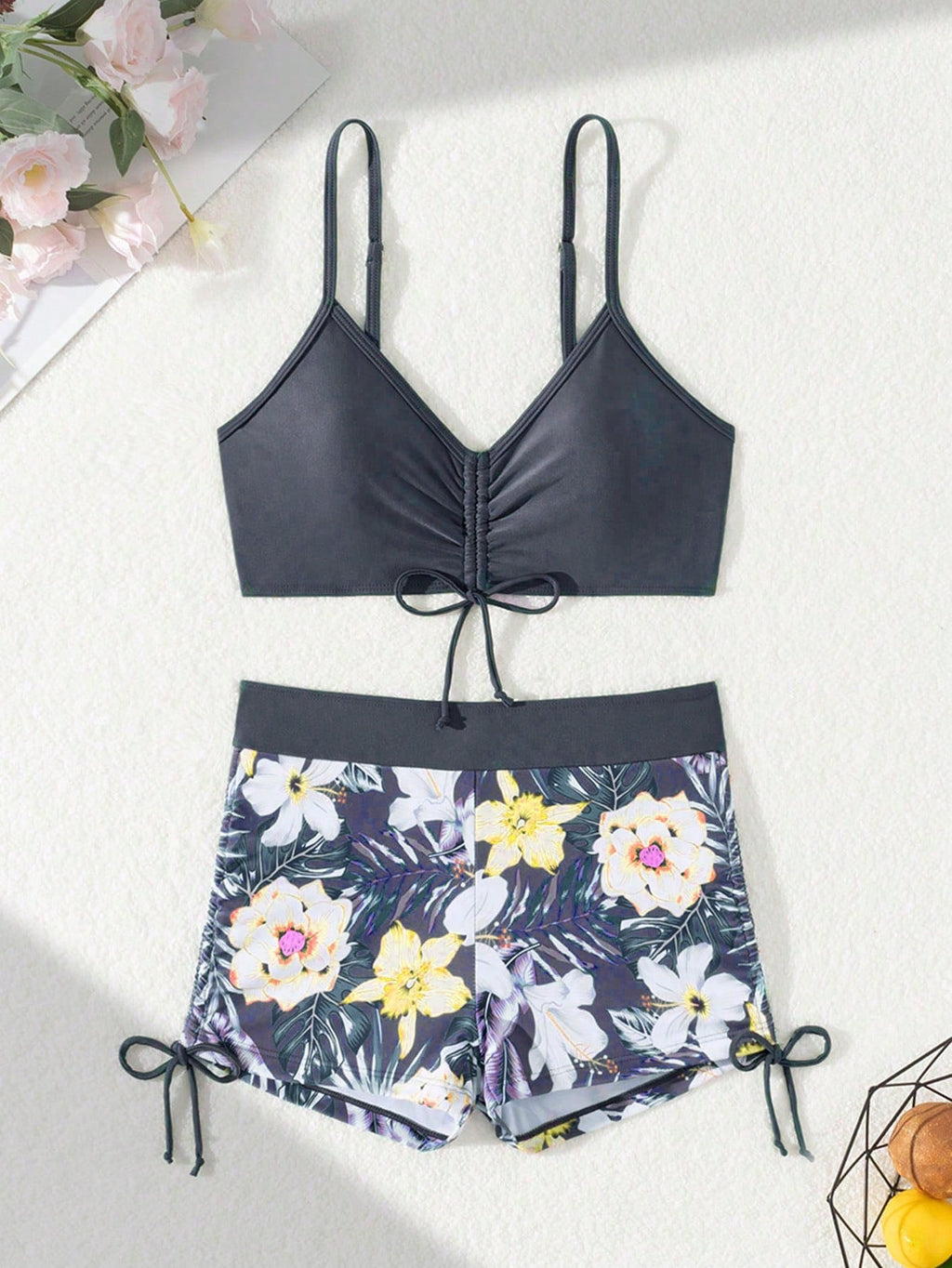Green Floral Print Wrap-Around Bikini Bottom, Suitable For Various