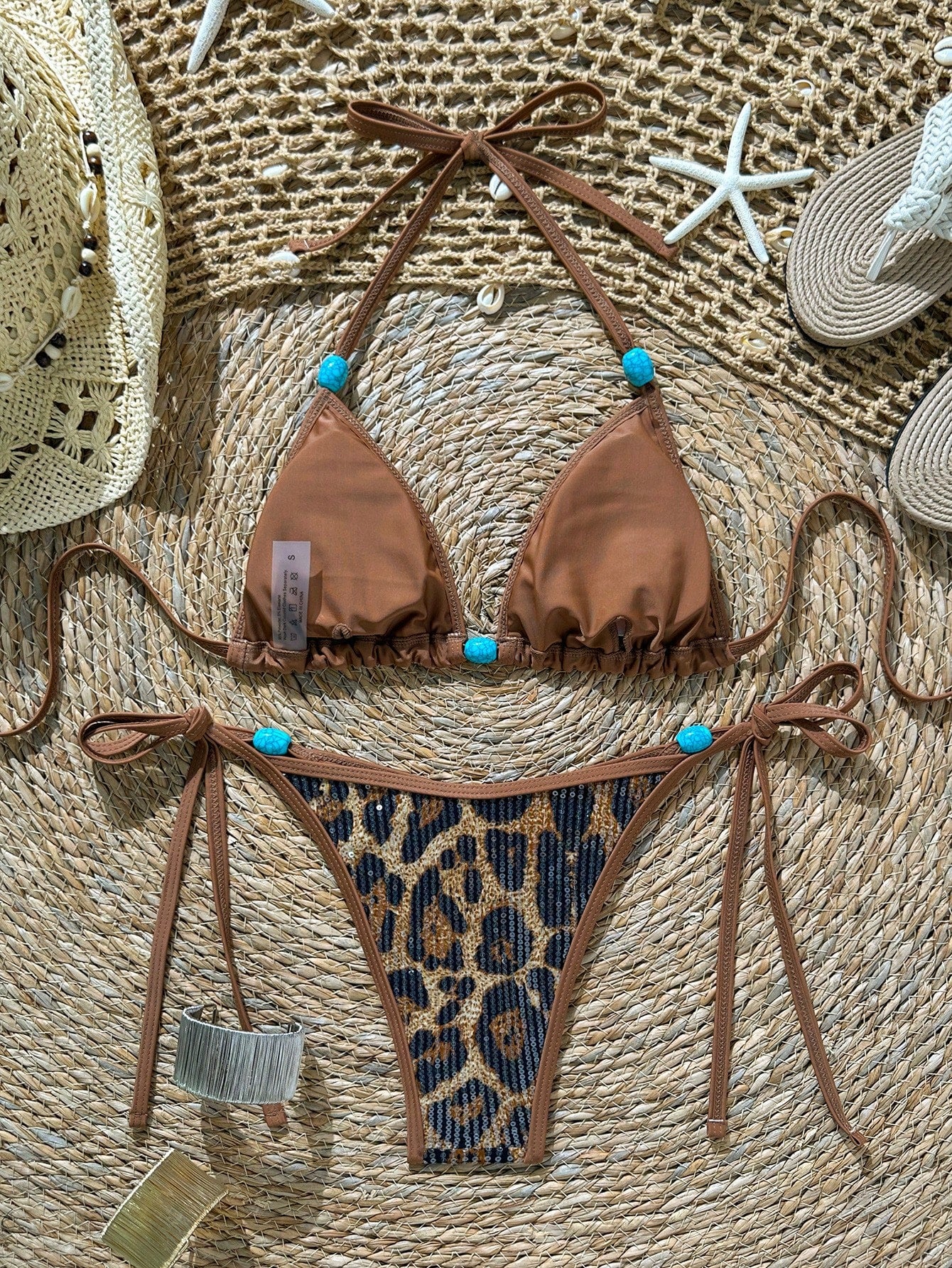 Swim Vcay Swim -D 2pcs/Set Brown Sequin Animal Leopard Snake Print