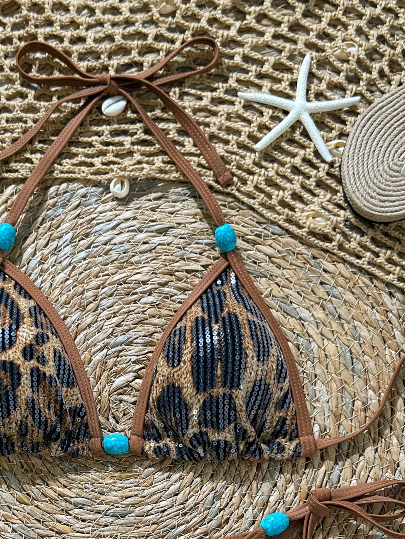 Swim Vcay Swim -D 2pcs/Set Brown Sequin Animal Leopard Snake Print