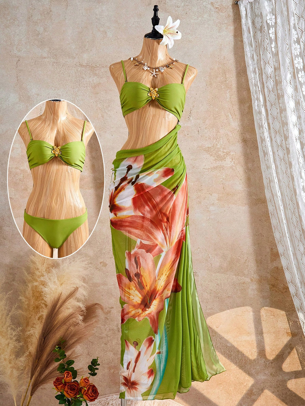 Women's Summer Beach Bikini Set, Metal Flower Decor With Removable