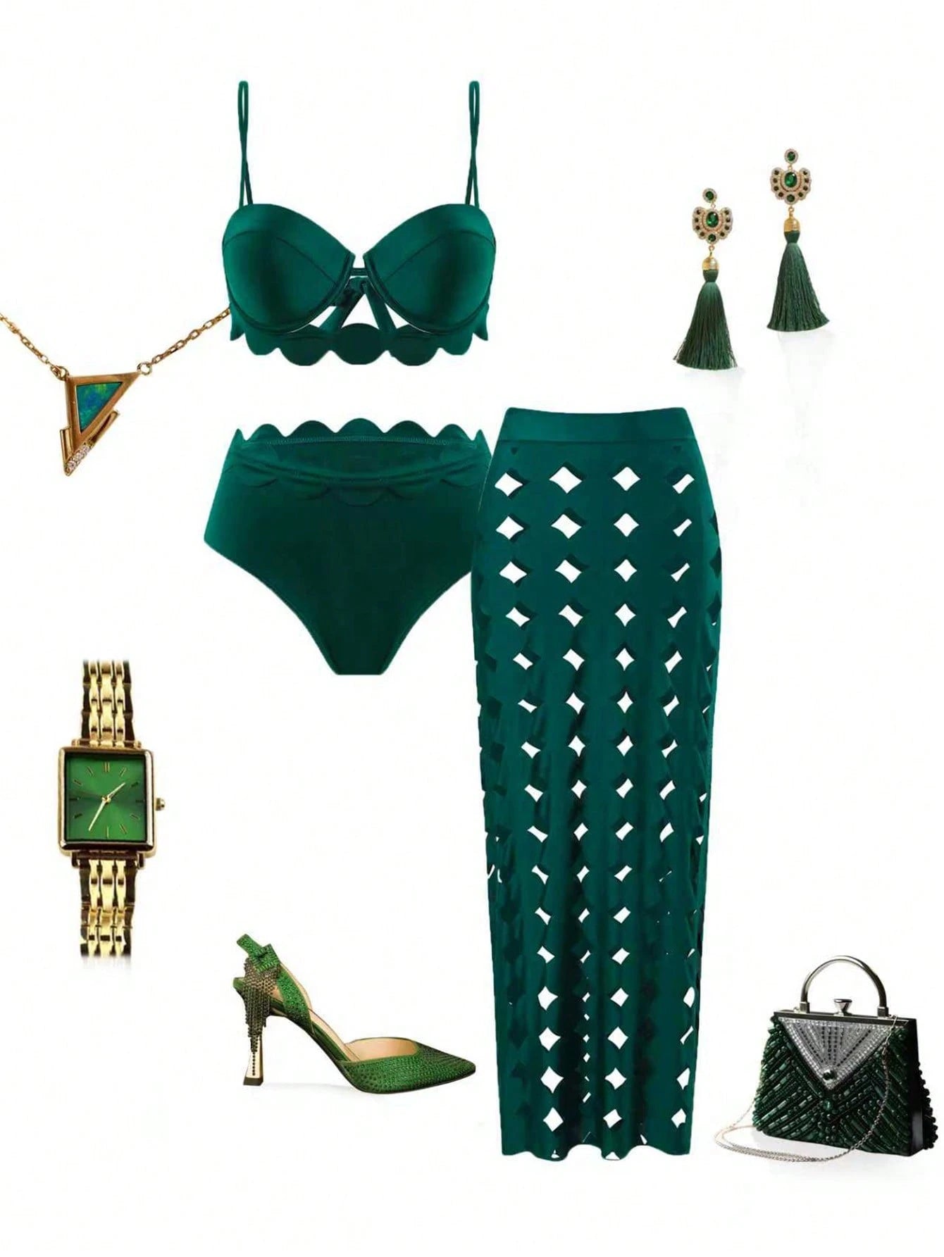 Sirith 3pcs/Set Women Dark Green Summer Casual Beach Vacation Holiday Outfits,Pu