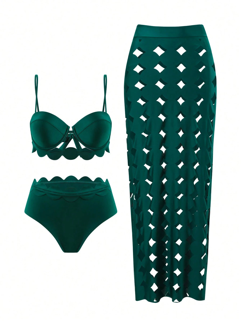 Sirith 3pcs/Set Women Dark Green Summer Casual Beach Vacation Holiday Outfits,Pu