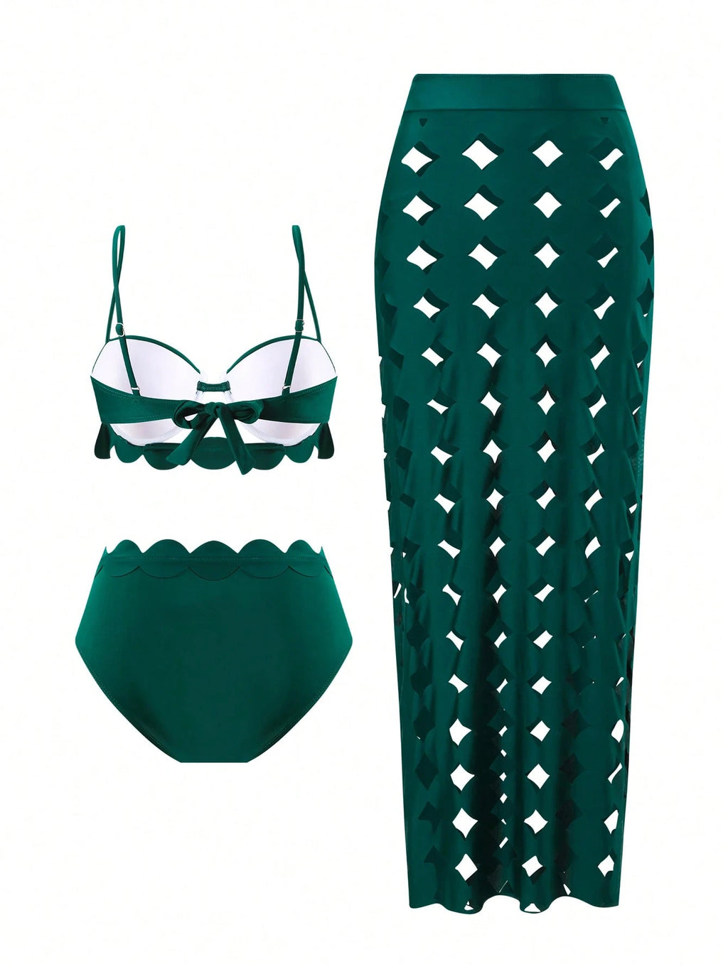 Sirith 3pcs/Set Women Dark Green Summer Casual Beach Vacation Holiday Outfits,Pu