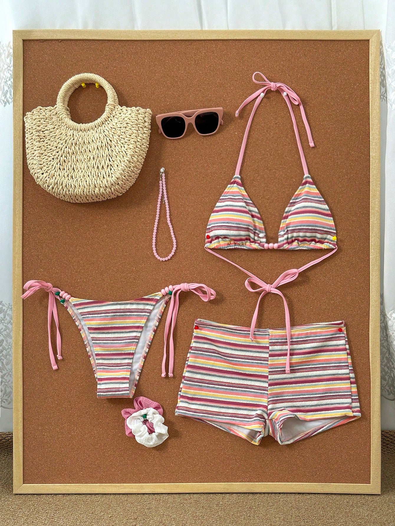 Costavie Women's 3-Piece Beachwear Set:Blue And White Stripe Textured Halter Bik