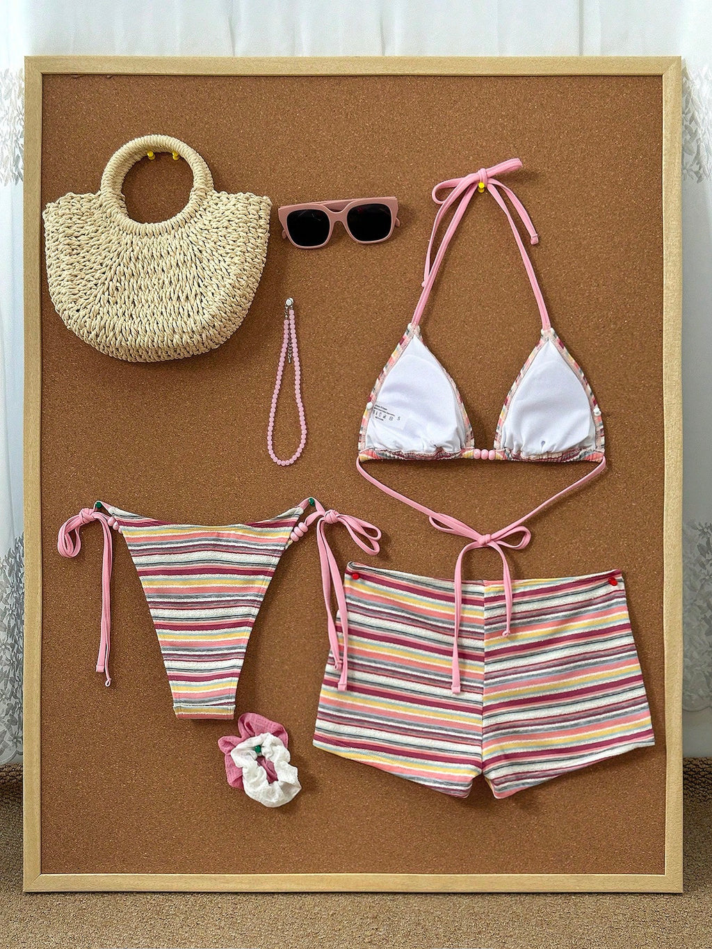 Costavie Women's 3-Piece Beachwear Set:Blue And White Stripe Textured Halter Bik
