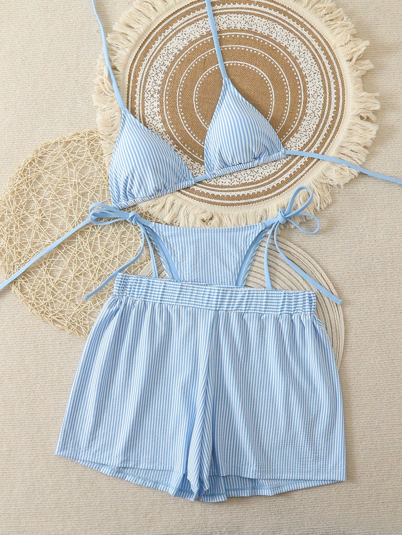 Swim Vcay Light Blue Striped 3 Pieces Bikini Set With Shorts,Summer