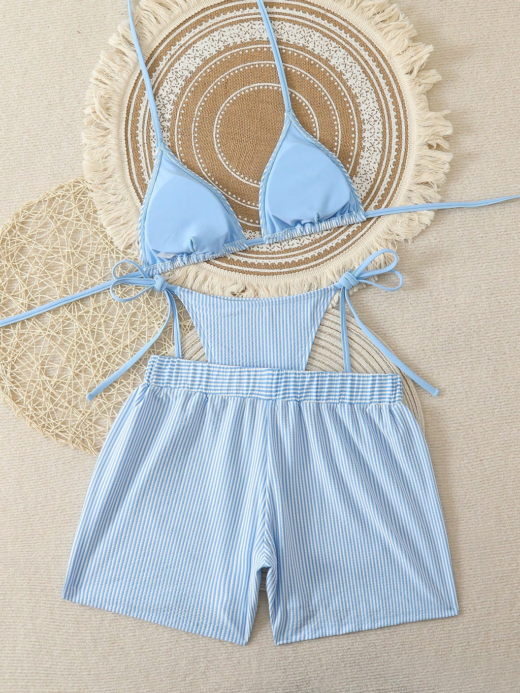 Swim Vcay Light Blue Striped 3 Pieces Bikini Set With Shorts,Summer