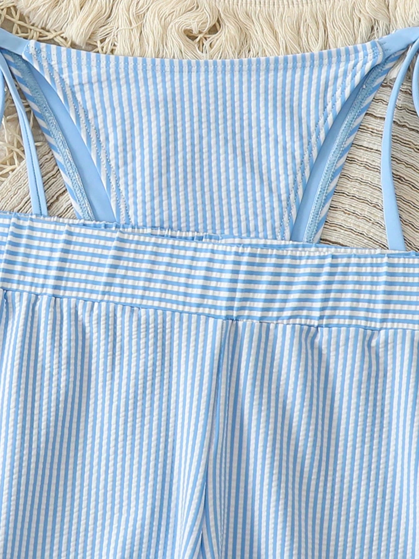 Swim Vcay Light Blue Striped 3 Pieces Bikini Set With Shorts,Summer