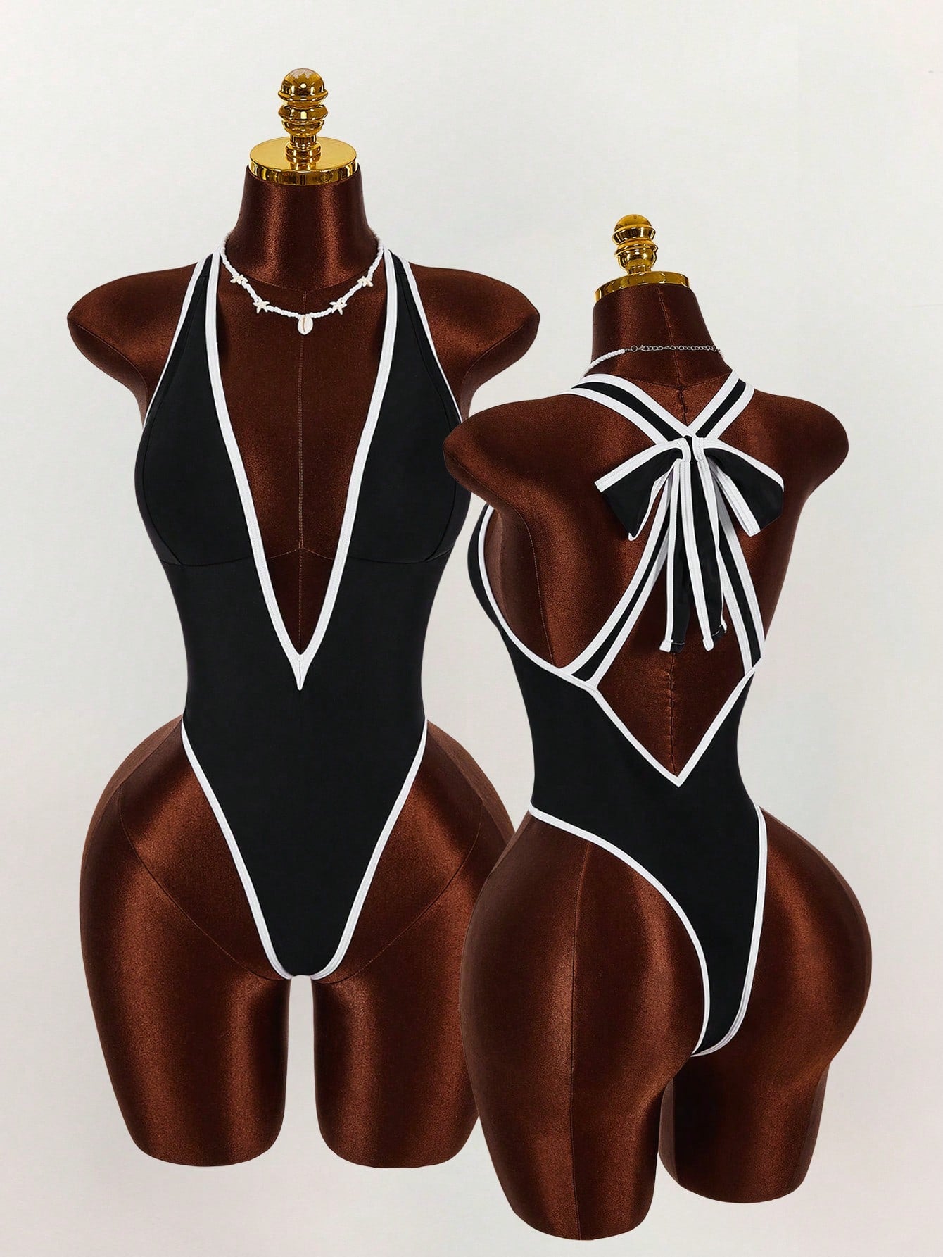 Amplova 1pc Women's Elegant Black One-Piece Swimsuit, Deep V-Neck Tight-Fitting Monokini,Open Back With - image 10