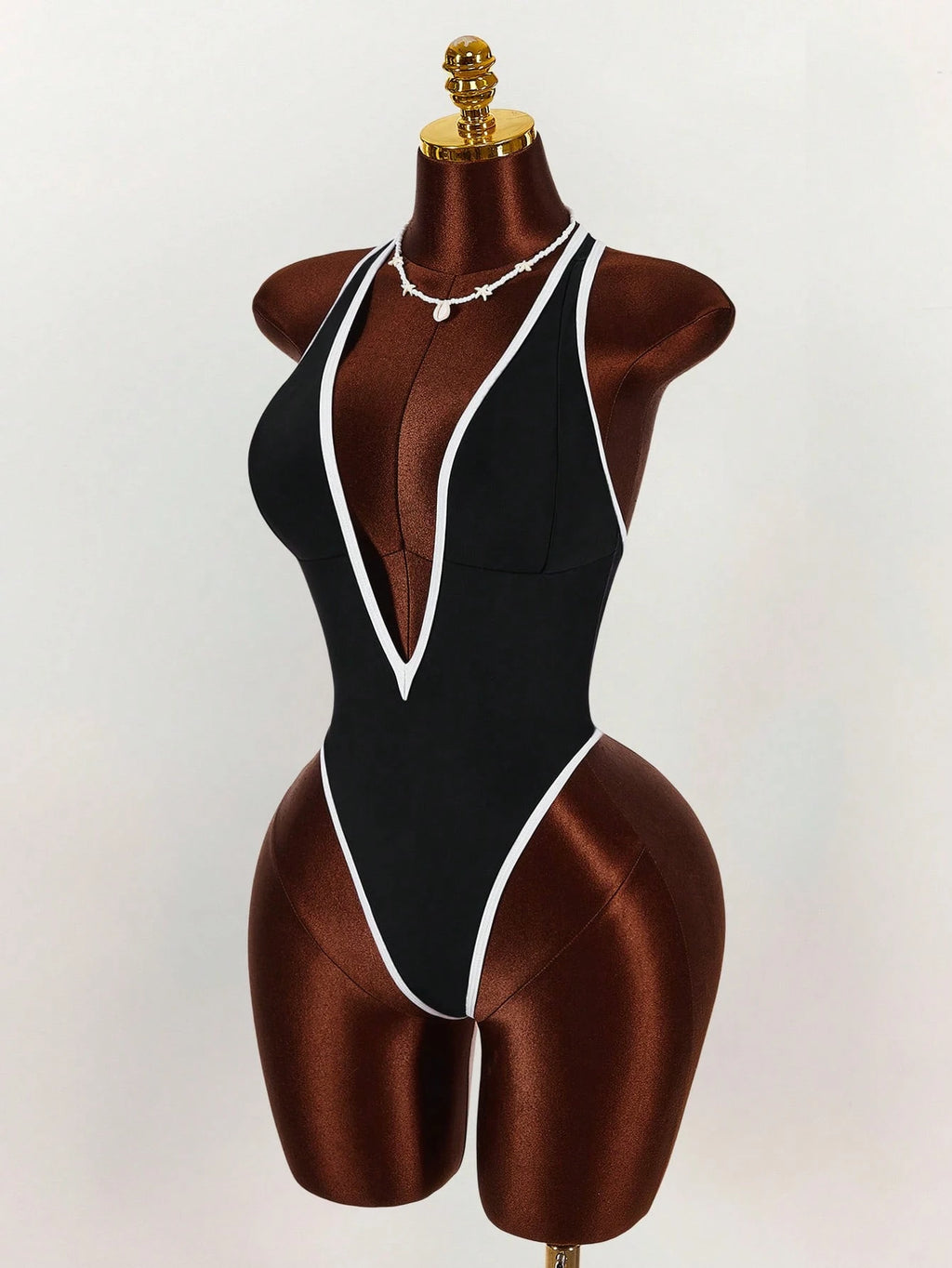 Amplova 1pc Women's Elegant Black One-Piece Swimsuit, Deep V-Neck Tight-Fitting Monokini,Open Back With - image 12