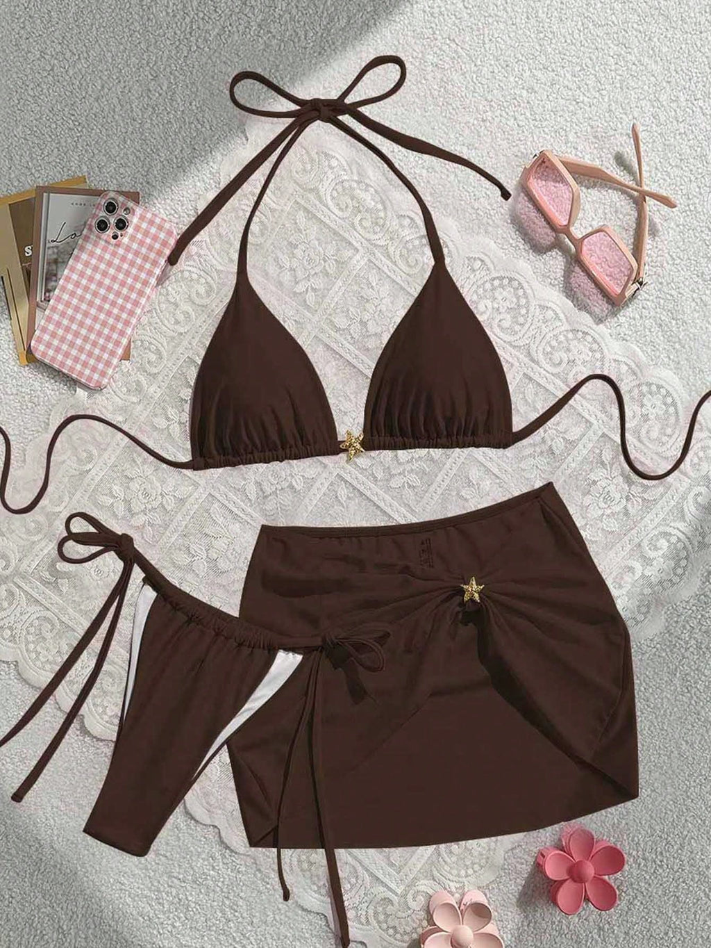 Swim Mod 3pcs Summer New Solid Color Tie Halter Triangle Bikini Top & Mini Skirt