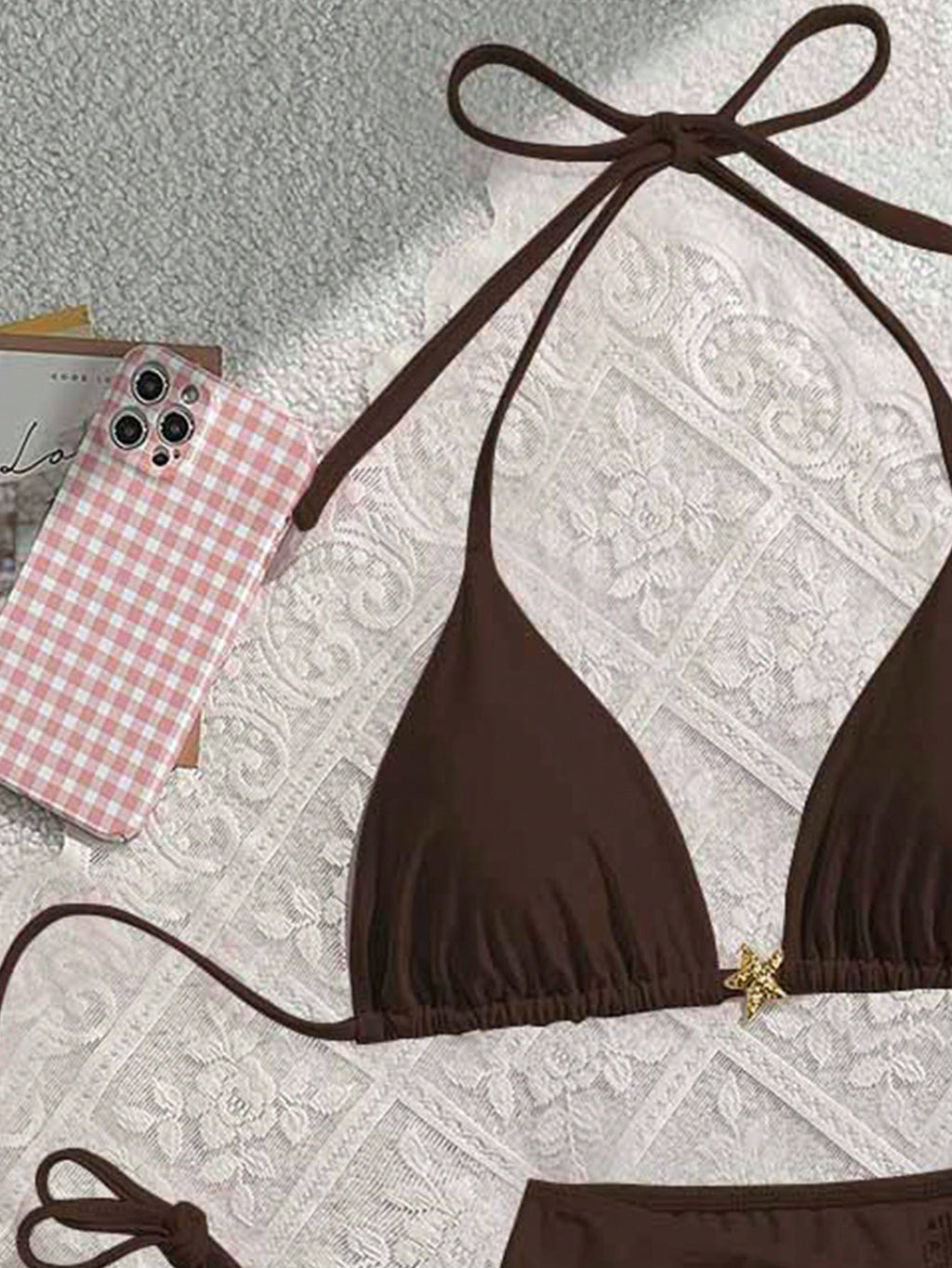 Swim Mod 3pcs Summer New Solid Color Tie Halter Triangle Bikini Top & Mini Skirt